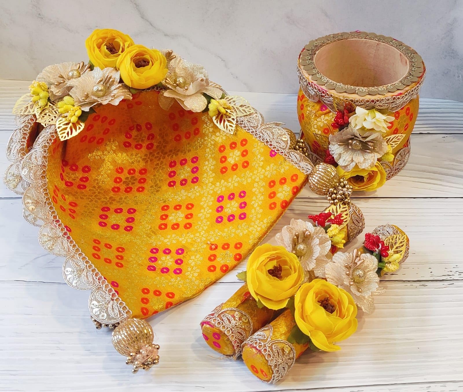 Yellow Ukhal Musal Chhajhla Set for Wedding Pooja with Colorful Flowers
